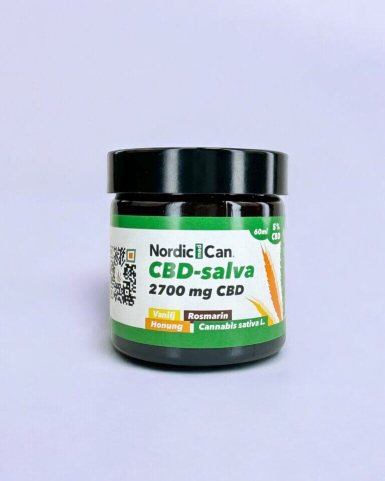 Produktbild på burk CBD-salva med 5% CBD, honung, vanilj och rosmarin.